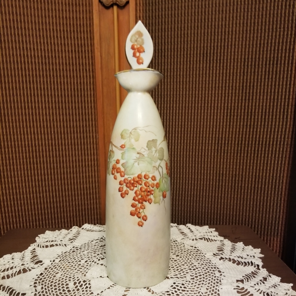 Vintage Tall Porcelain Cruet Beautiful Detail Cork Stopper Fall
